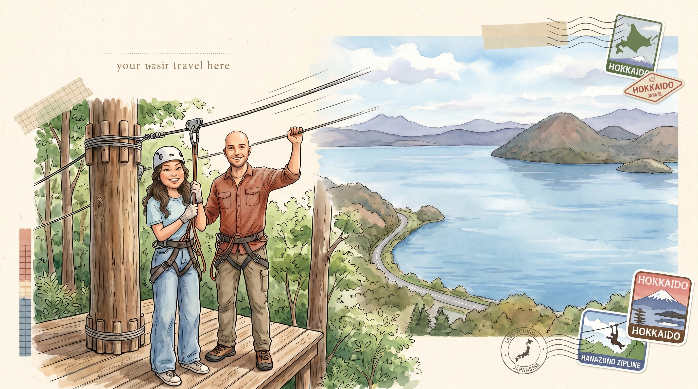 Hokkaido watercolor travel illustration of Grace and Michael